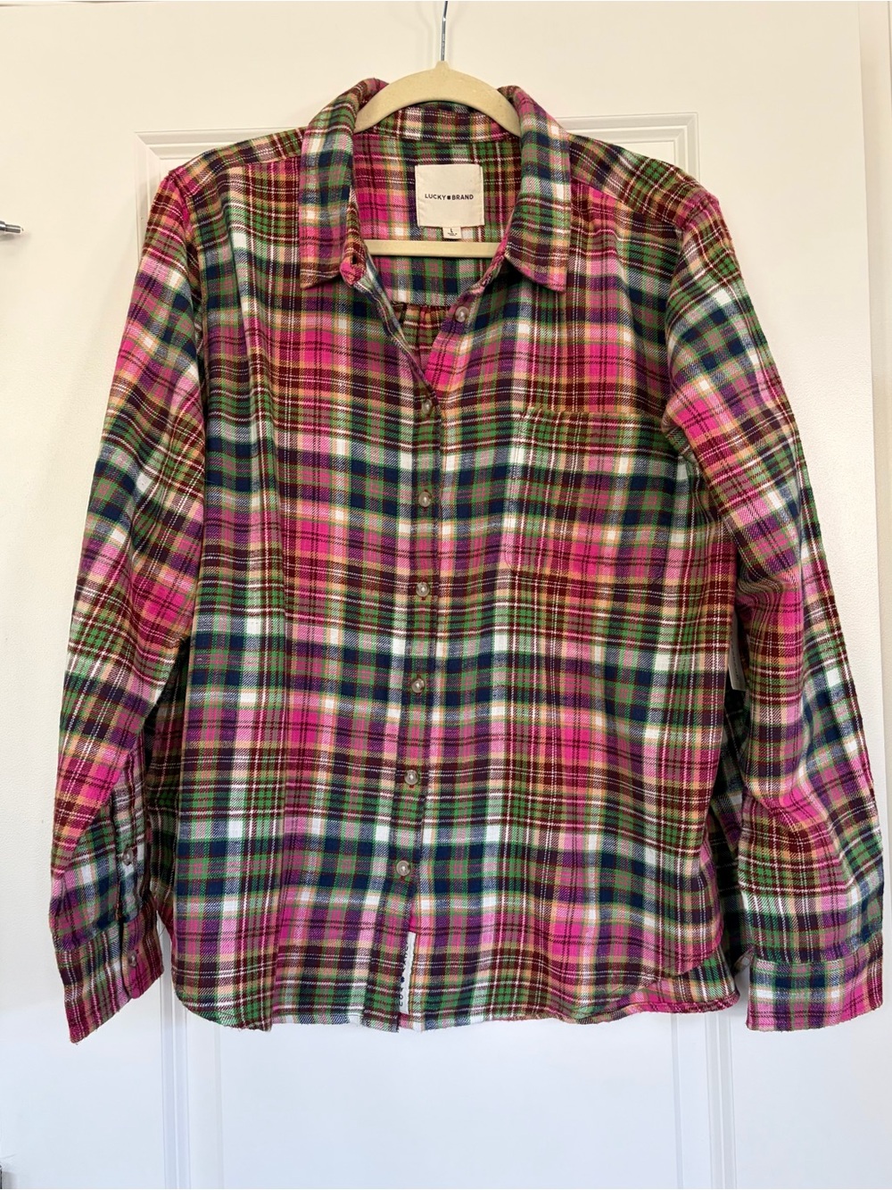 Lucky Brand Woman’s Pink & Green Plaid Button-Up Shirt